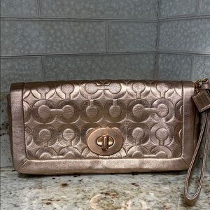 Coach Rose Gold Metallic Signature Turnlock Wristlet